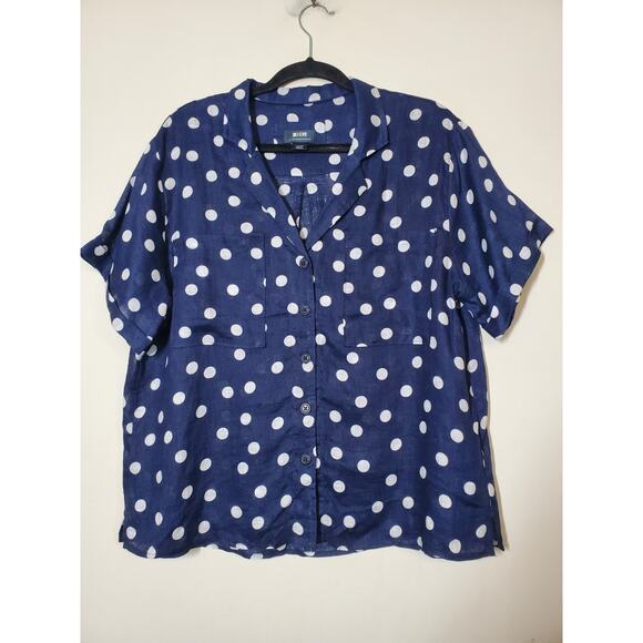 Anthropologie Maeve Top Womens Large Linen Boxy Polka-dot Button Down Blue - Picture 12 of 12